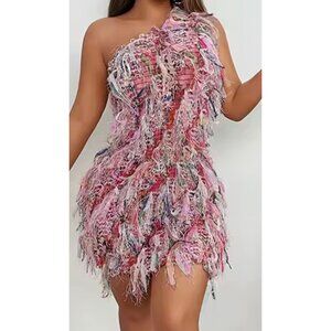 One-Shoulder Patchwork Fringe Pleated Women Mini Dress